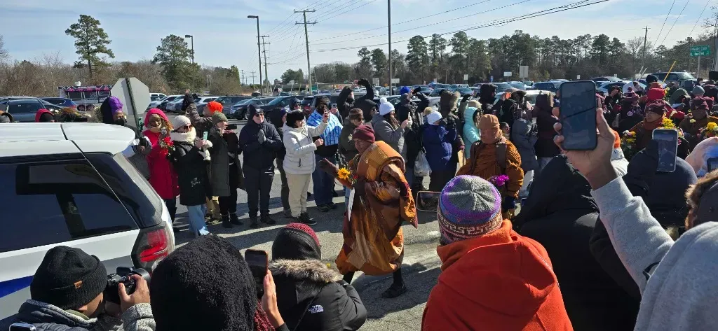 Crowd watching monks